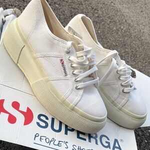 Superga White Canvas Platform Sneakers with Cream Sole